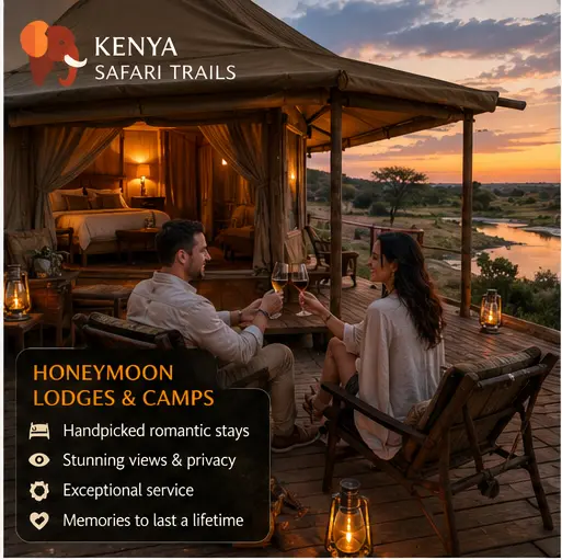 Honeymoon couple relaxing together on a luxury safari lodge deck overlooking the Masai Mara at sunset